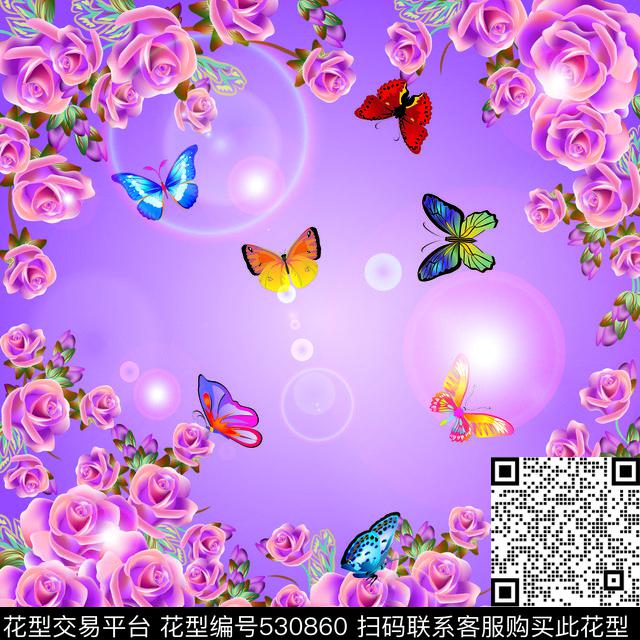 蝴蝶玫瑰花丝巾数码印花华亿平台下载（图片编号: 530860） - 瓦栏（Walan）