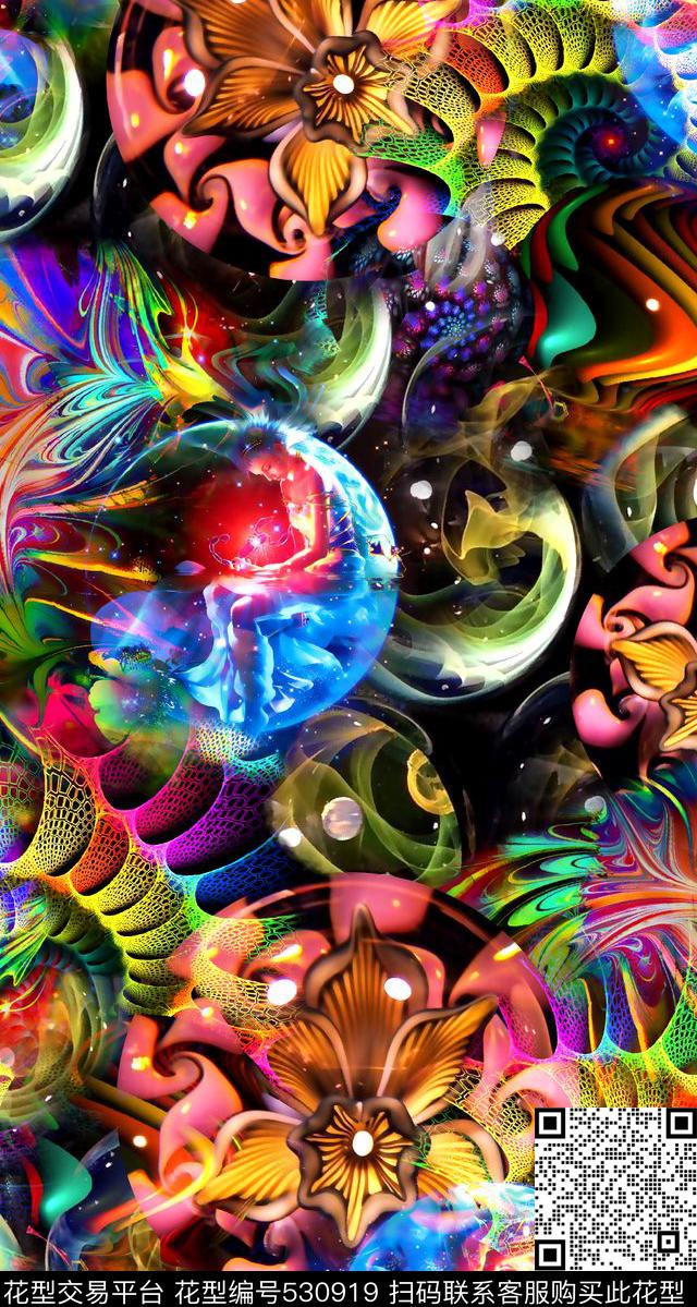 玻璃球分形艺术黑底数码印花华亿平台下载（图片编号: 530919） - 瓦栏（Walan）