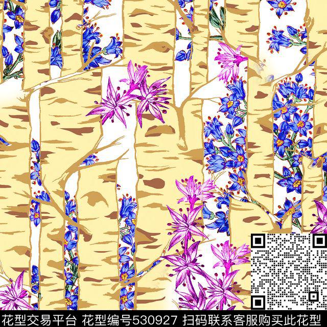 白桦林复古花朵数码印花华亿平台下载（图片编号: 530927） - 瓦栏（Walan）