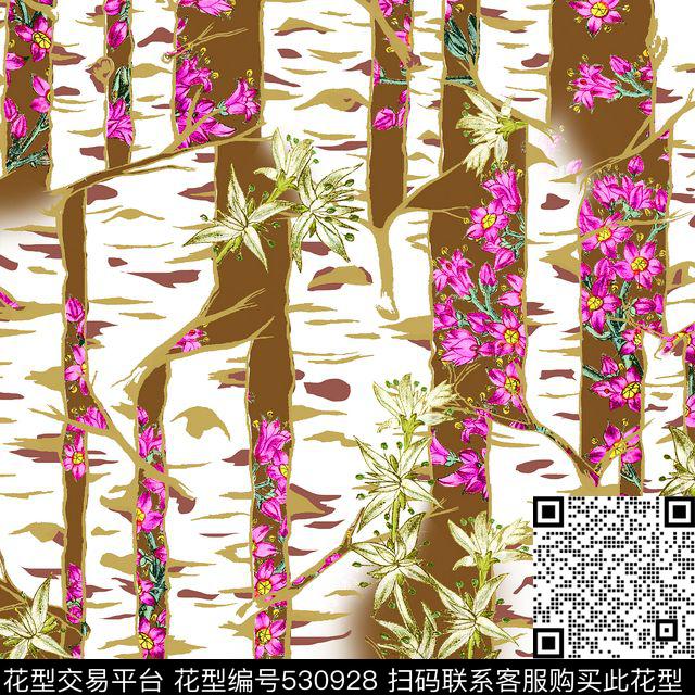 白桦林复古花朵数码印花华亿平台下载（图片编号: 530928） - 瓦栏（Walan）