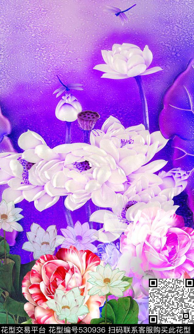 中国风炫彩荷花油画数码印花华亿平台下载（图片编号: 530936） - 瓦栏（Walan）