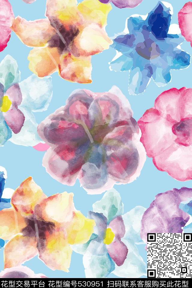 女装清新甜美手绘花朵数码印花华亿平台下载（图片编号: 530951） - 瓦栏（Walan）
