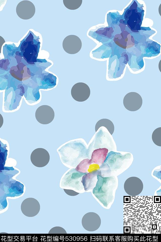 波点蓝色底色手绘小花数码印花华亿平台下载（图片编号: 530956） - 瓦栏（Walan）