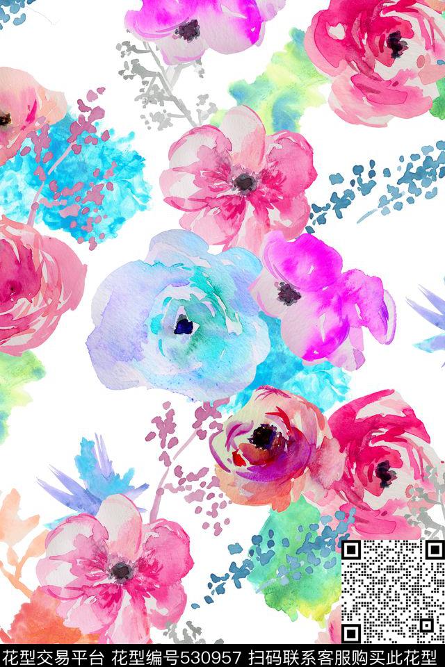 淡雅女装水彩花卉传统印花华亿平台下载（图片编号: 530957） - 瓦栏（Walan）