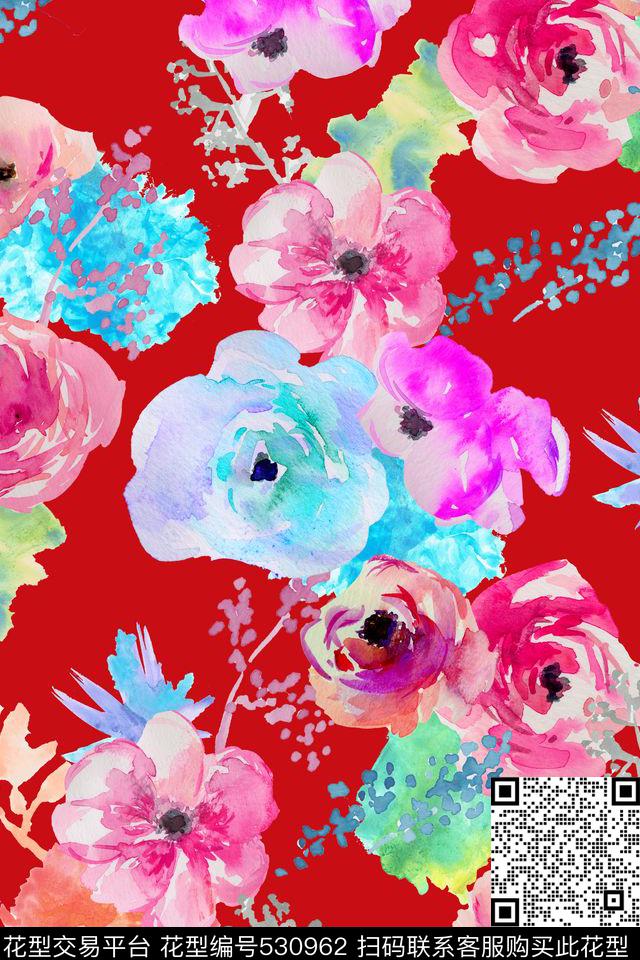 淡雅女装水彩花卉数码印花华亿平台下载（图片编号: 530962） - 瓦栏（Walan）