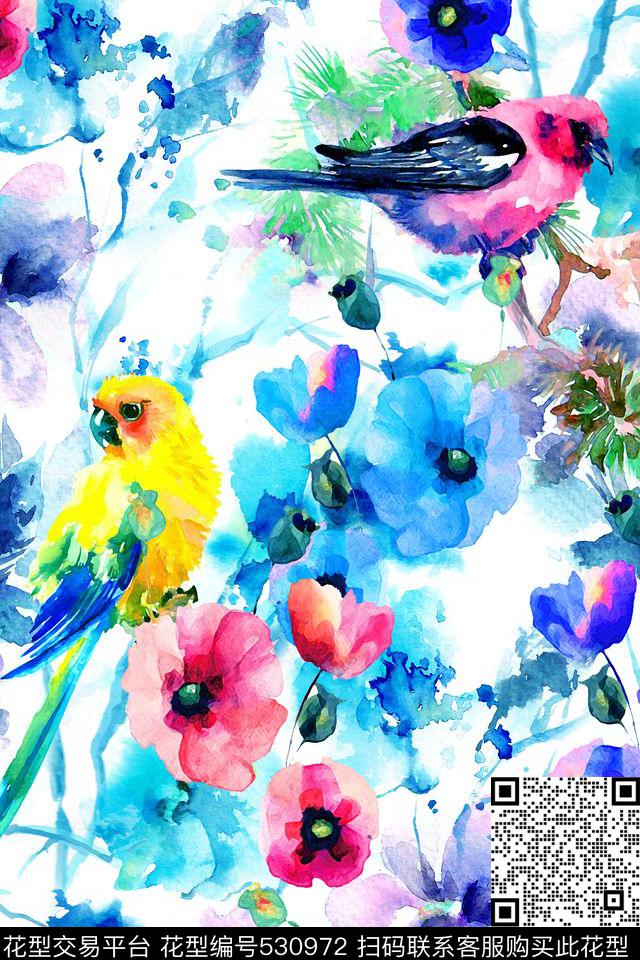 水彩画晕染罂粟花数码印花华亿平台下载（图片编号: 530972） - 瓦栏（Walan）