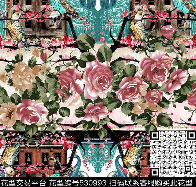 花卉老式窗台鸟儿数码印花华亿平台下载（图片编号: 530993） - 瓦栏（Walan）