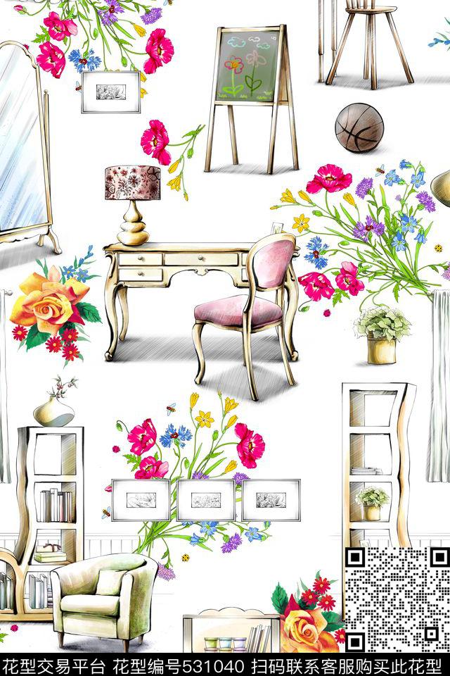 手绘时尚室内景观花卉桌子梳妆台玫瑰窗户篮球花瓶橱柜画板H【抽象】数码印花华亿平台下载（图片编号: 531040） - 瓦栏（Walan）