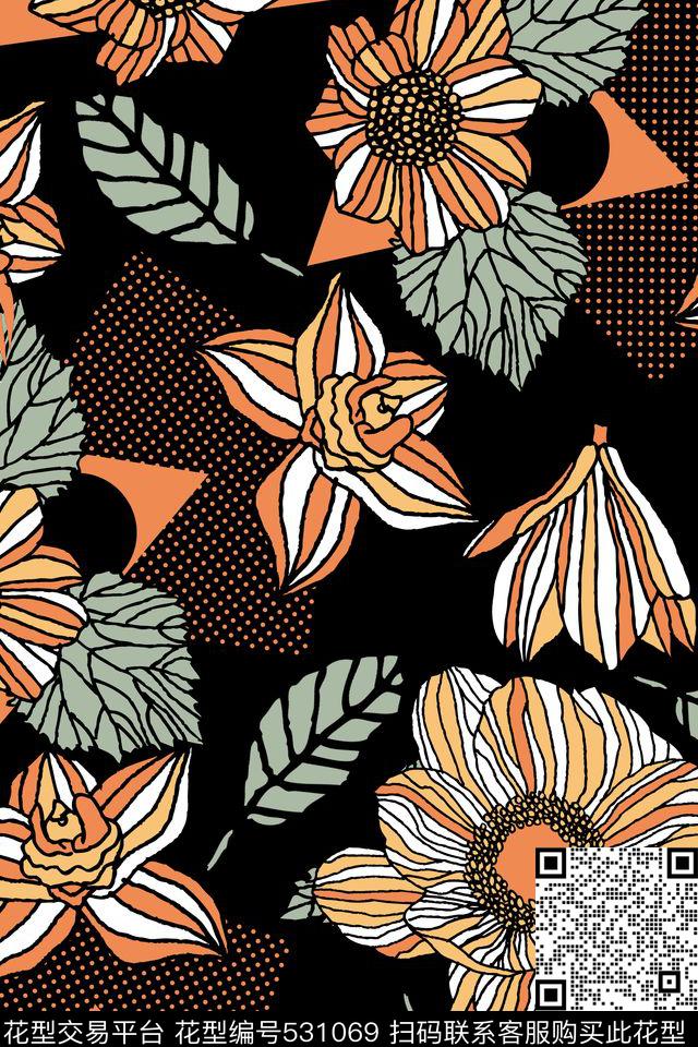 大牌花卉线描传统印花华亿平台下载（图片编号: 531069） - 瓦栏（Walan）