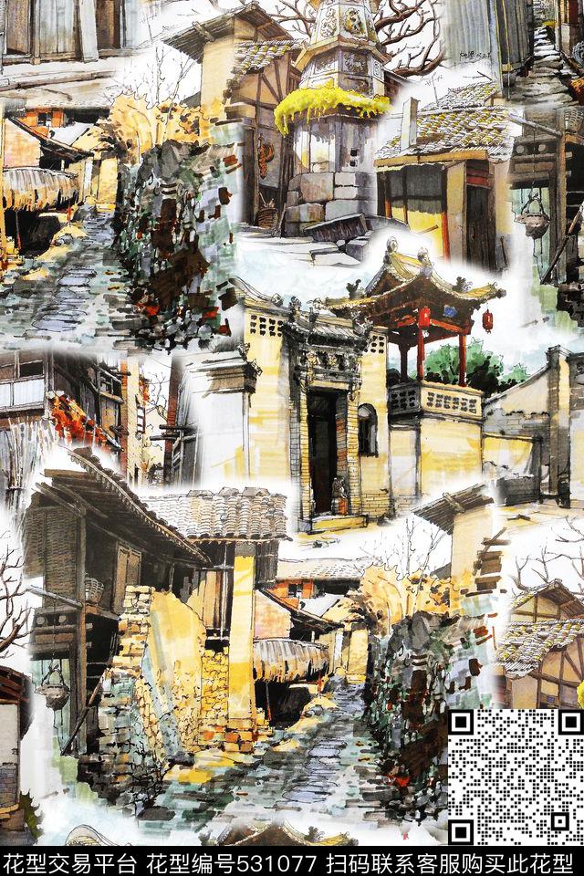 复古建筑抽象大牌手绘时尚潮流H【抽象】数码印花华亿平台下载（图片编号: 531077） - 瓦栏（Walan）