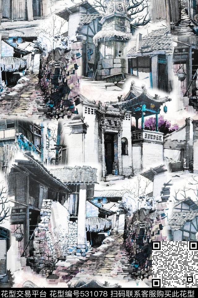 手绘时尚潮流复古建筑抽象大牌H【抽象】数码印花华亿平台下载（图片编号: 531078） - 瓦栏（Walan）