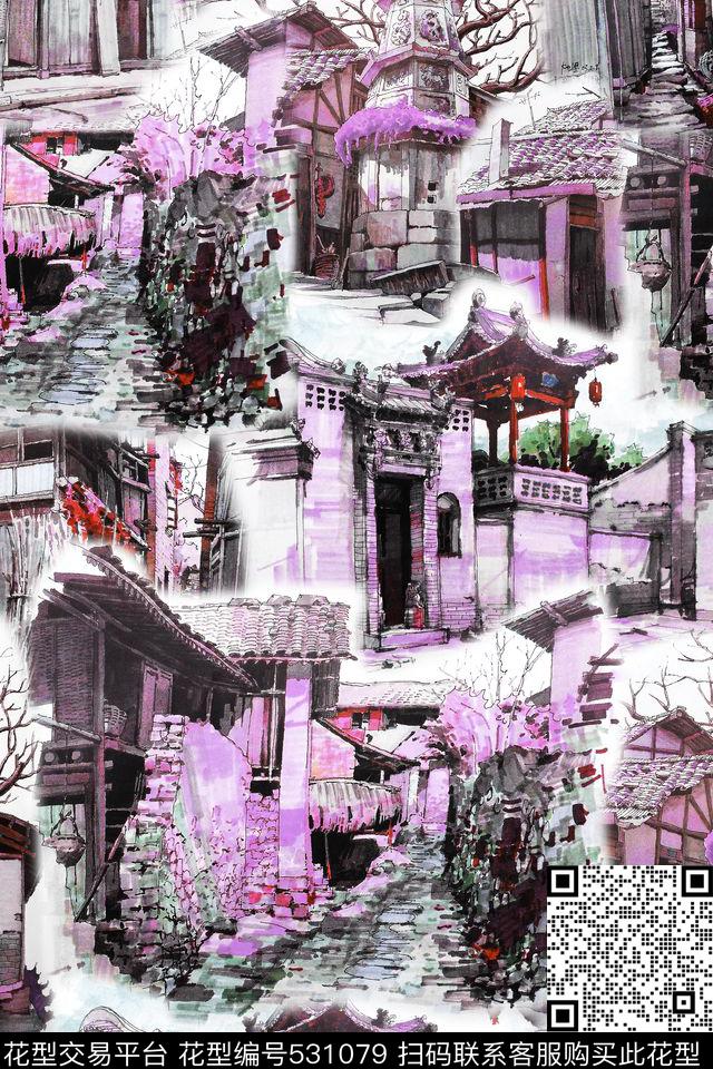 手绘时尚潮流复古建筑抽象大牌H【抽象】数码印花华亿平台下载（图片编号: 531079） - 瓦栏（Walan）