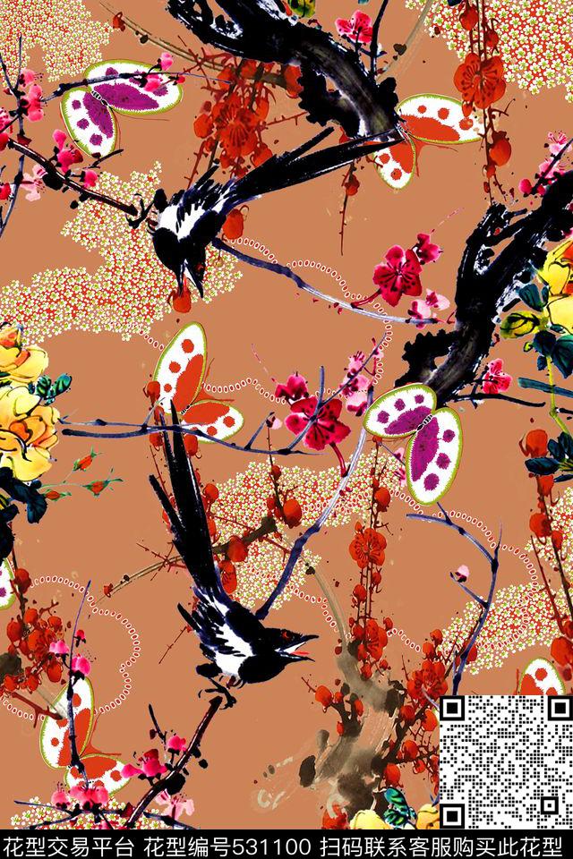 复古民族风大牌女装水墨梅花飞鸟传统吉祥纹样图案中国风数码印花华亿平台下载（图片编号: 531100） - 瓦栏（Walan）