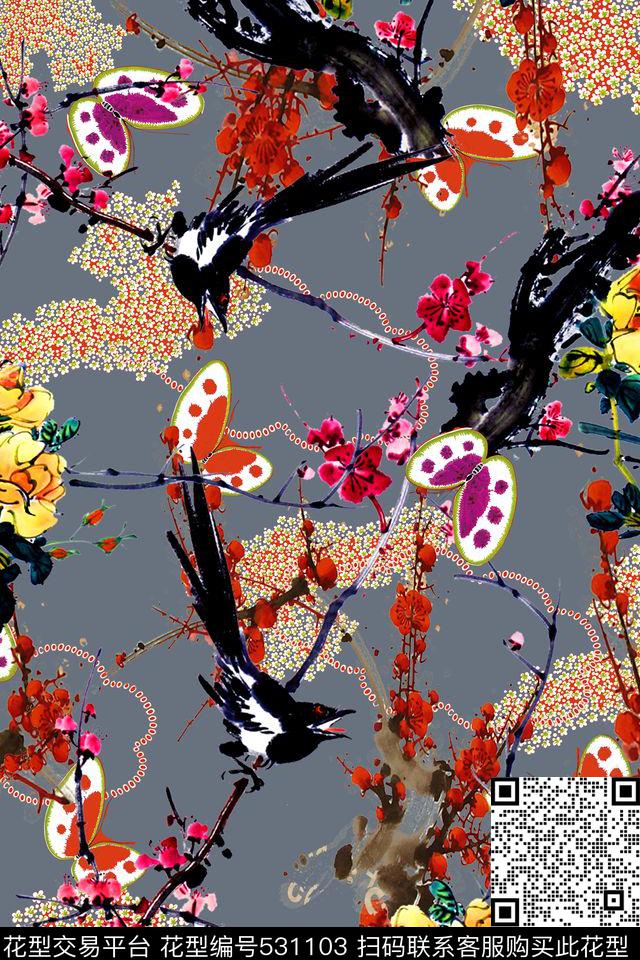 中国风水墨梅花飞鸟传统吉祥纹样图案复古民族风大牌女装数码印花华亿平台下载（图片编号: 531103） - 瓦栏（Walan）