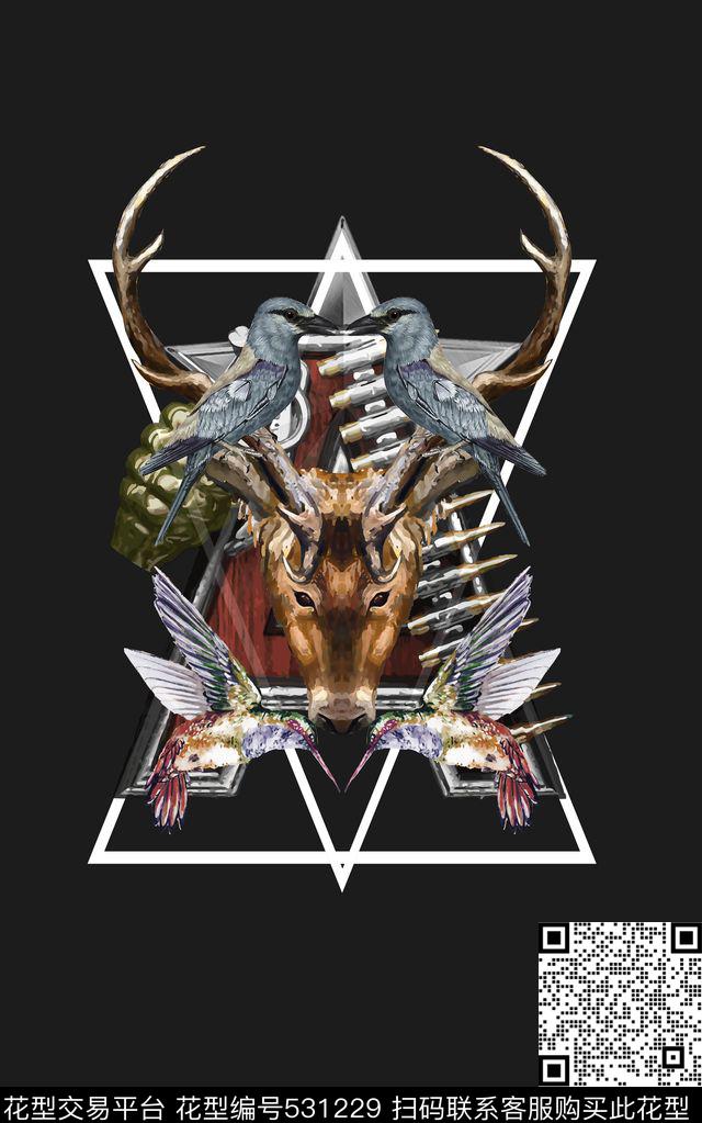 时尚潮流鹿头鹦鹉数码印花华亿平台下载（图片编号: 531229） - 瓦栏（Walan）