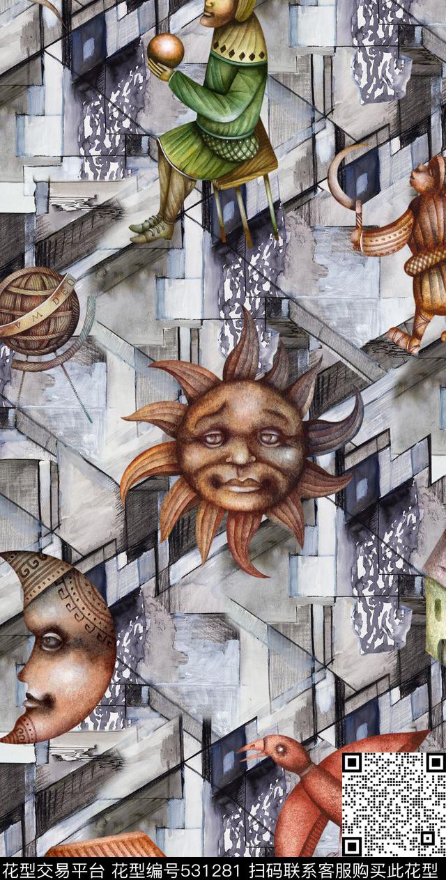 人物几何抽象数码印花华亿平台下载（图片编号: 531281） - 瓦栏（Walan）