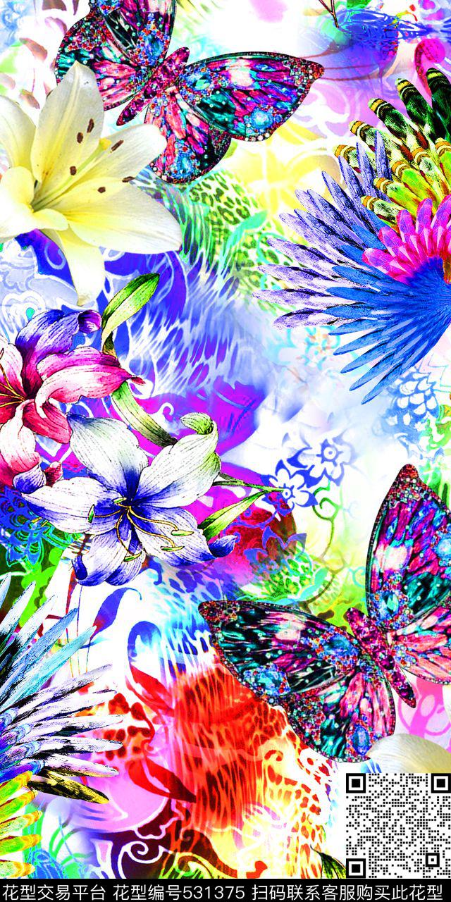 流行时尚炫彩豹纹底珠宝蝴蝶羽毛数码印花华亿平台下载（图片编号: 531375） - 瓦栏（Walan）