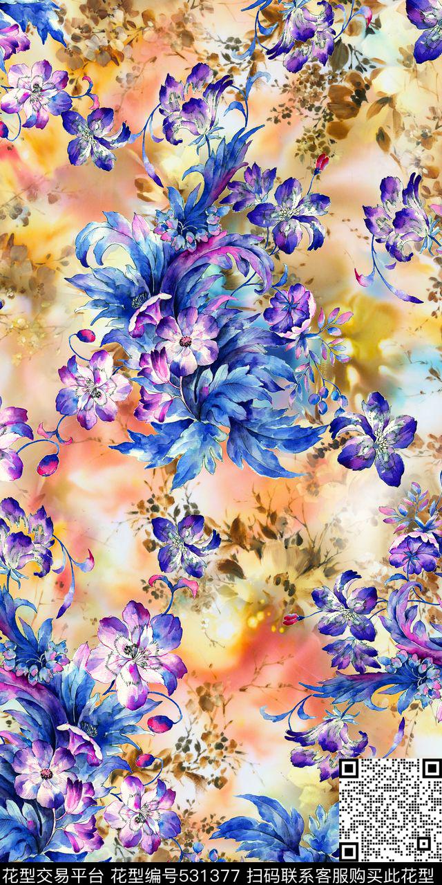 大气梦幻朦胧树叶泼墨花草数码印花华亿平台下载（图片编号: 531377） - 瓦栏（Walan）