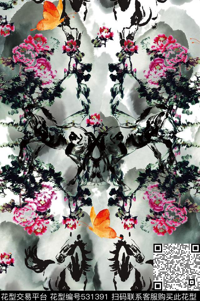 中国风水墨牡丹骏马数码印花华亿平台下载（图片编号: 531391） - 瓦栏（Walan）