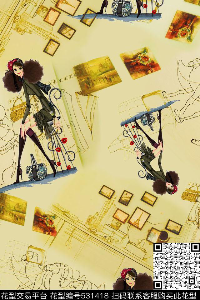 简笔画美女插画墙体数码印花华亿平台下载（图片编号: 531418） - 瓦栏（Walan）