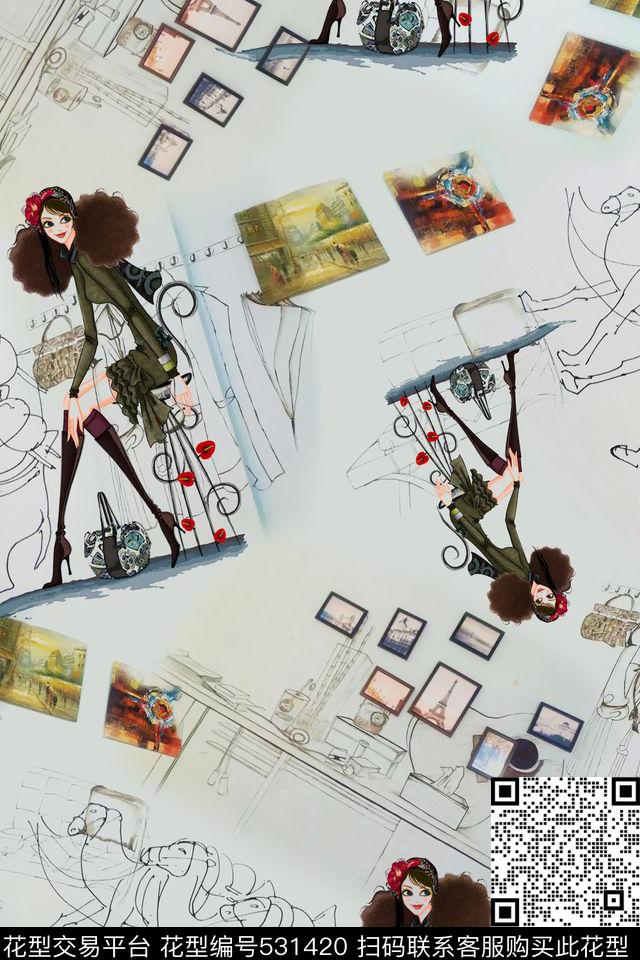 简笔画美女插画墙体数码印花华亿平台下载（图片编号: 531420） - 瓦栏（Walan）