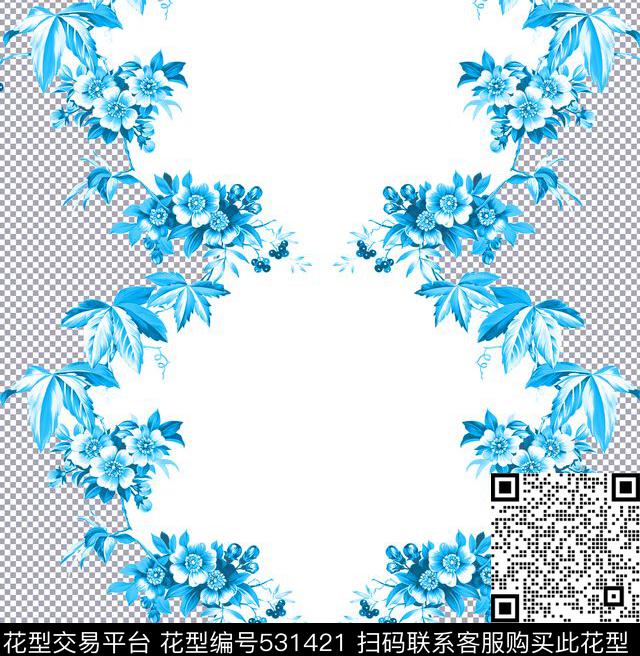 几何简单花卉3蓝色传统印花华亿平台下载（图片编号: 531421） - 瓦栏（Walan）