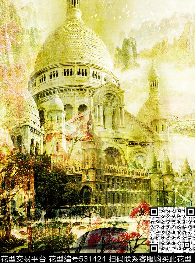 连衣裙欧式建筑手绘花卉数码印花华亿平台下载（图片编号: 531424） - 瓦栏（Walan）
