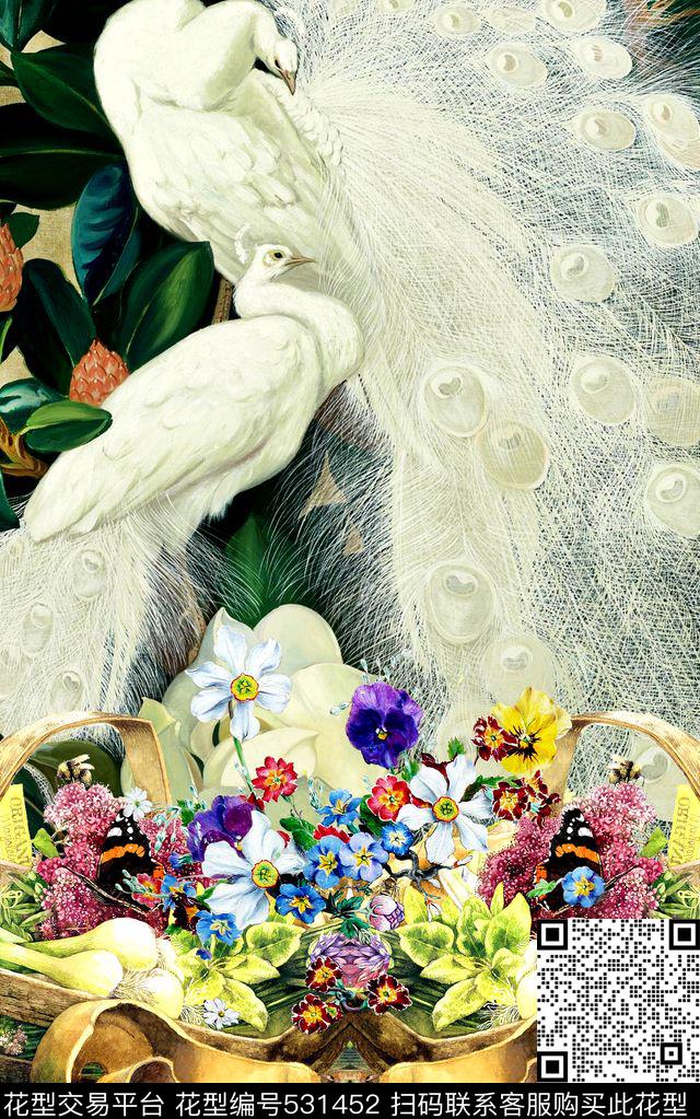 欧式复古抽象花朵女装白孔雀数码印花华亿平台下载（图片编号: 531452） - 瓦栏（Walan）