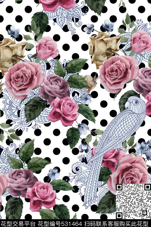 波点玫瑰花花鸟组合数码印花华亿平台下载（图片编号: 531464） - 瓦栏（Walan）