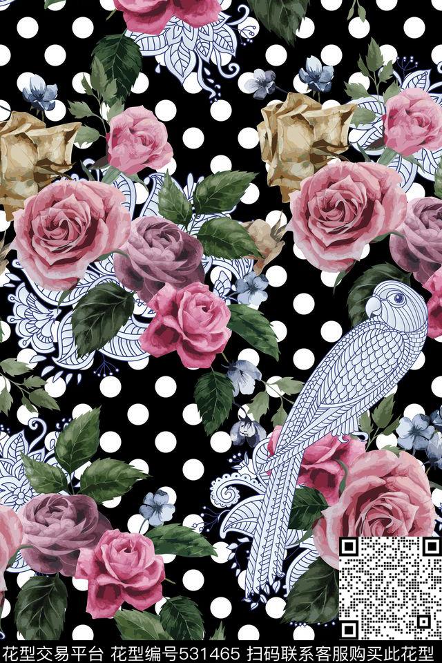 波点玫瑰花花鸟组合数码印花华亿平台下载（图片编号: 531465） - 瓦栏（Walan）