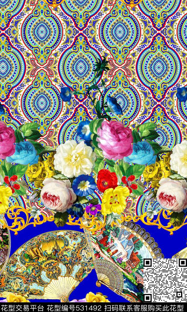 时尚扇子花卉数码印花华亿平台下载（图片编号: 531492） - 瓦栏（Walan）