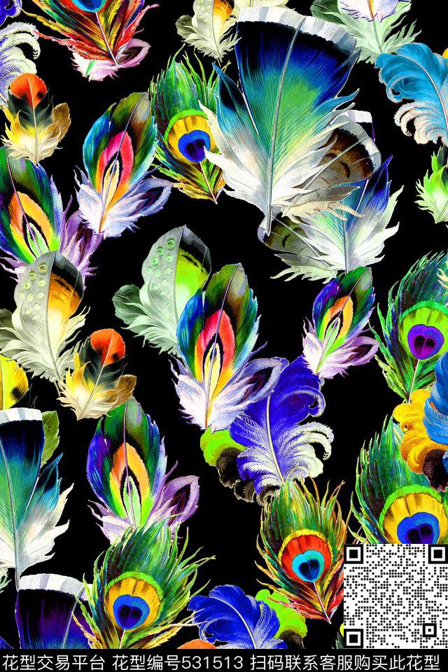 时尚手绘羽毛数码印花华亿平台下载（图片编号: 531513） - 瓦栏（Walan）