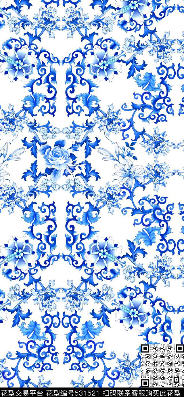 中国风青花瓷花卉数码印花华亿平台下载（图片编号: 531521） - 瓦栏（Walan）