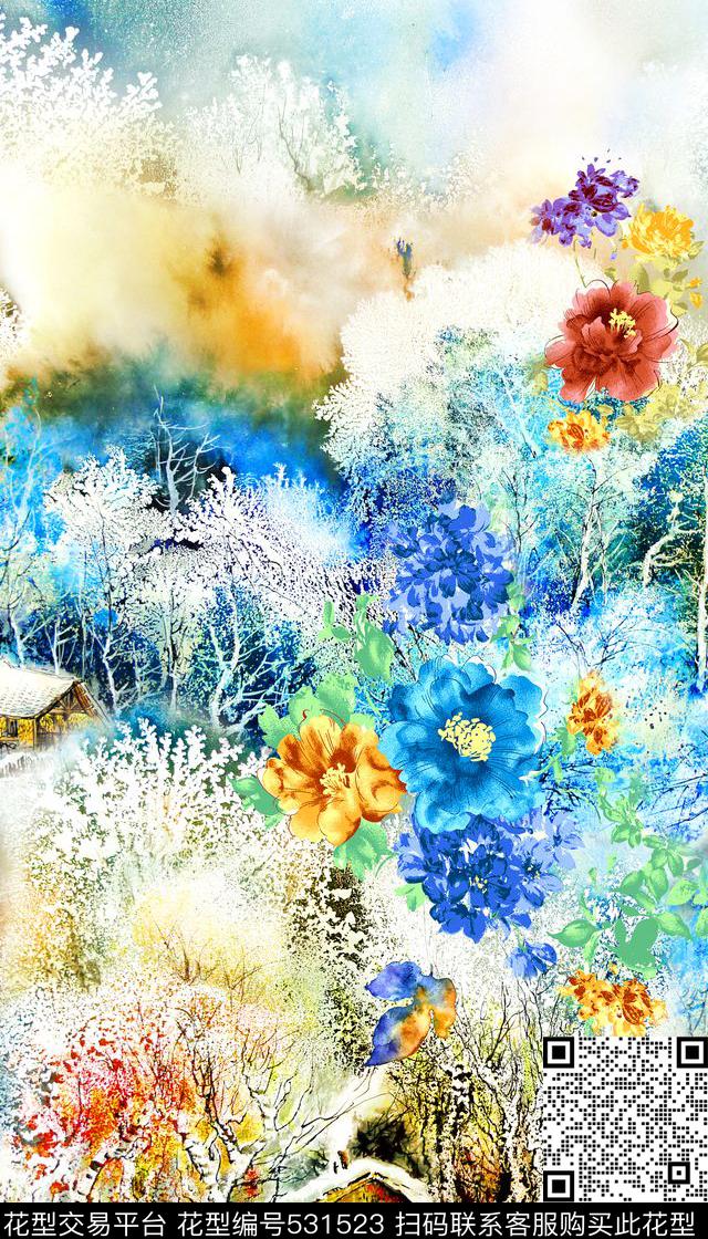 中国风风景花卉数码印花华亿平台下载（图片编号: 531523） - 瓦栏（Walan）