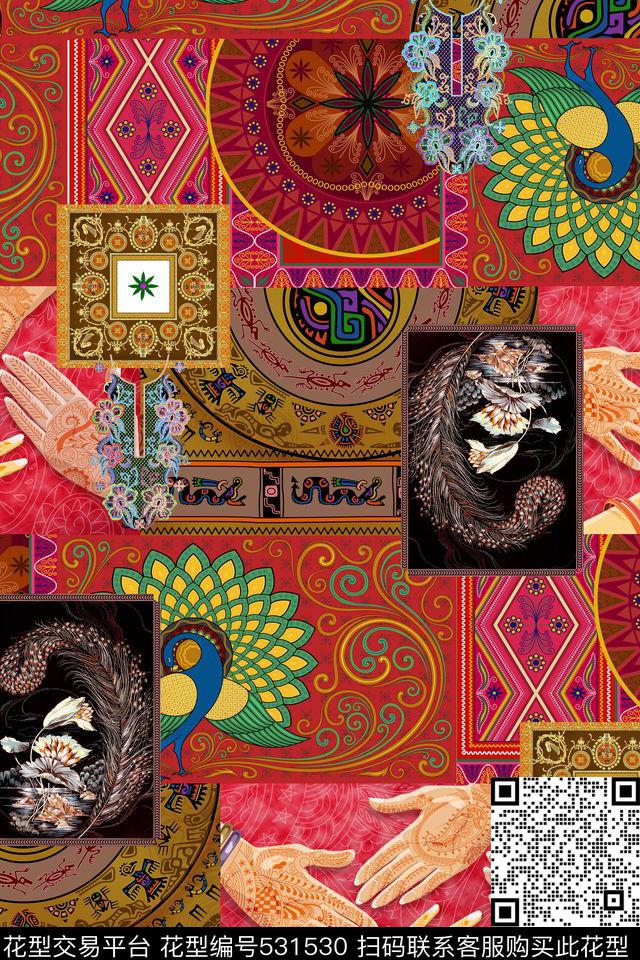 古典花纹孔雀民族风数码印花华亿平台下载（图片编号: 531530） - 瓦栏（Walan）