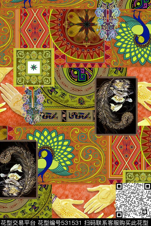 古典花纹孔雀民族风数码印花华亿平台下载（图片编号: 531531） - 瓦栏（Walan）