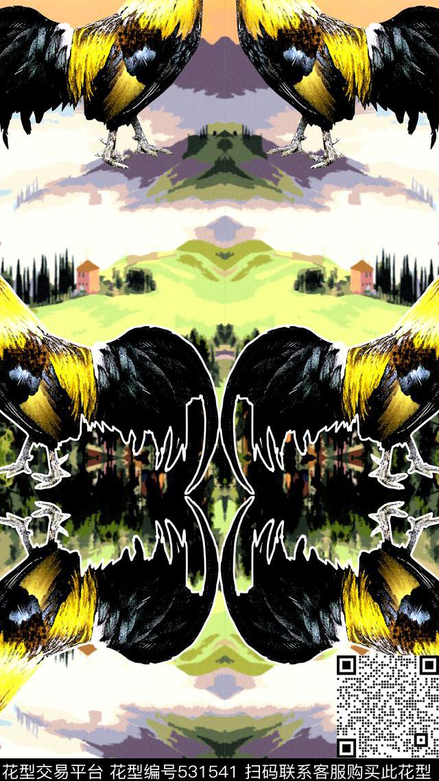 时尚定位公鸡风景数码印花华亿平台下载（图片编号: 531541） - 瓦栏（Walan）