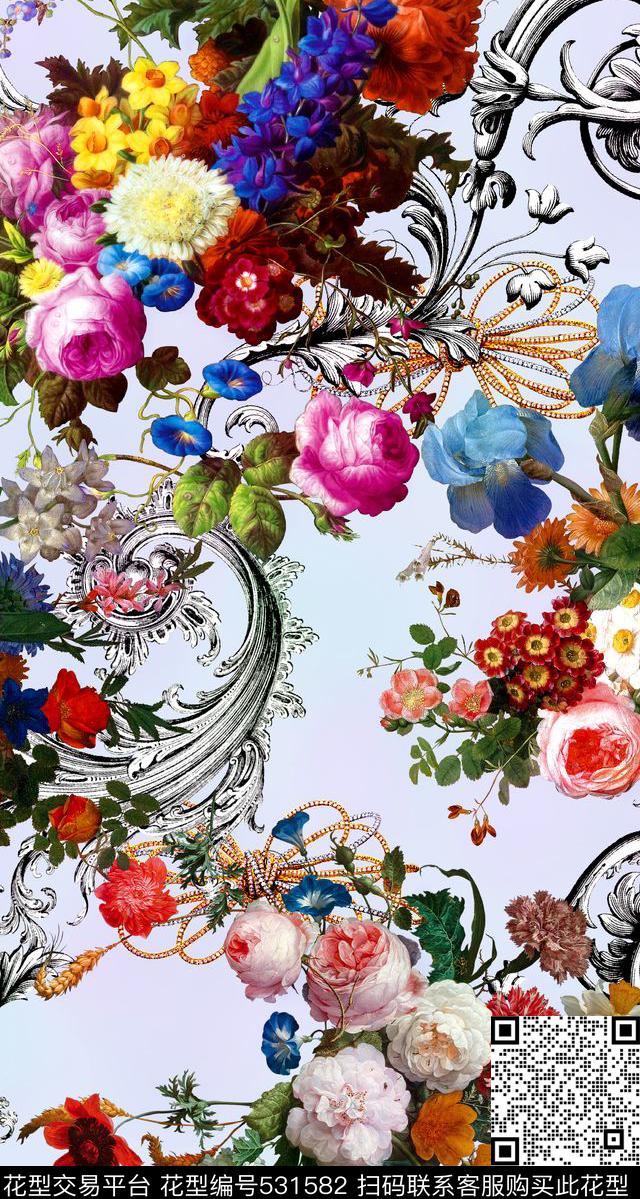 花卉卷草链子数码印花华亿平台下载（图片编号: 531582） - 瓦栏（Walan）