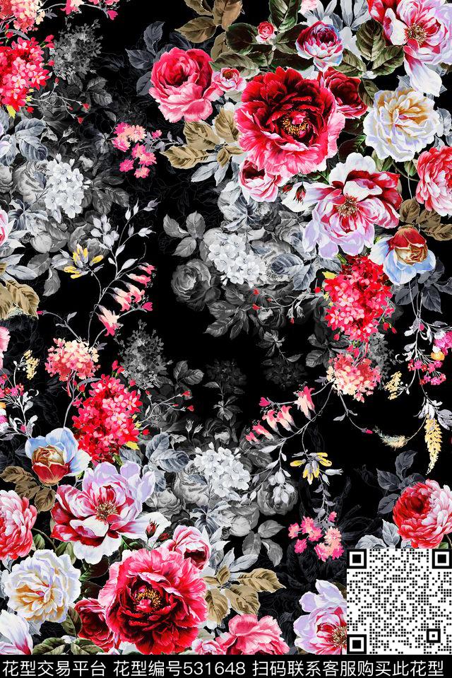 满版华亿平台油画花卉黑底数码印花华亿平台下载（图片编号: 531648） - 瓦栏（Walan）