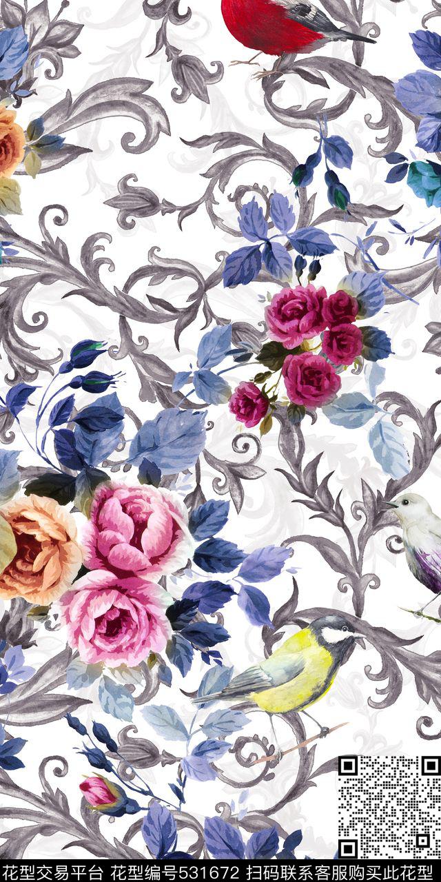 花卉卷尾草鸟数码印花华亿平台下载（图片编号: 531672） - 瓦栏（Walan）