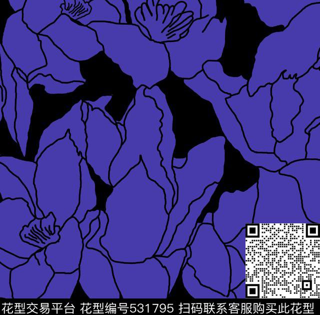 传统印花大花线条花卉传统印花华亿平台下载（图片编号: 531795） - 瓦栏（Walan）