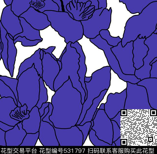 传统印花大花线条花卉传统印花华亿平台下载（图片编号: 531797） - 瓦栏（Walan）