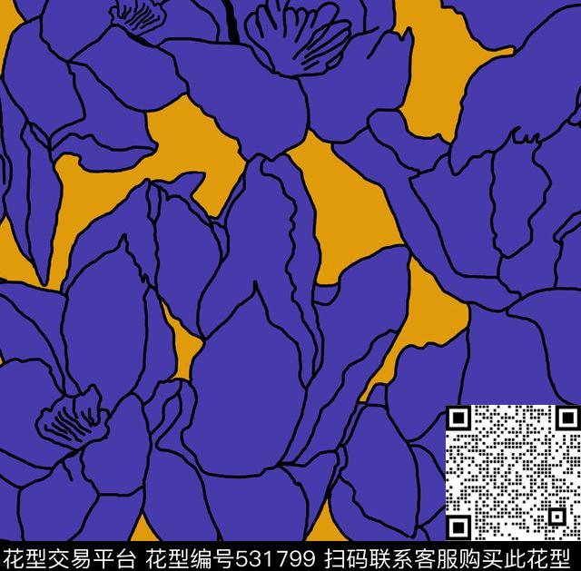 传统印花大花线条花卉传统印花华亿平台下载（图片编号: 531799） - 瓦栏（Walan）