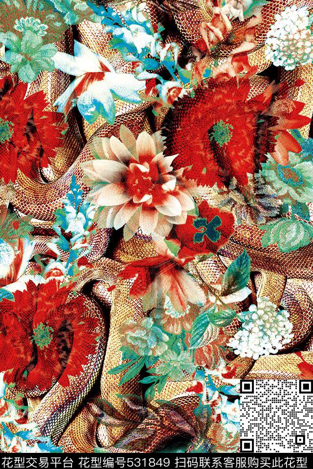 花卉层次蛇纹数码印花华亿平台下载（图片编号: 531849） - 瓦栏（Walan）