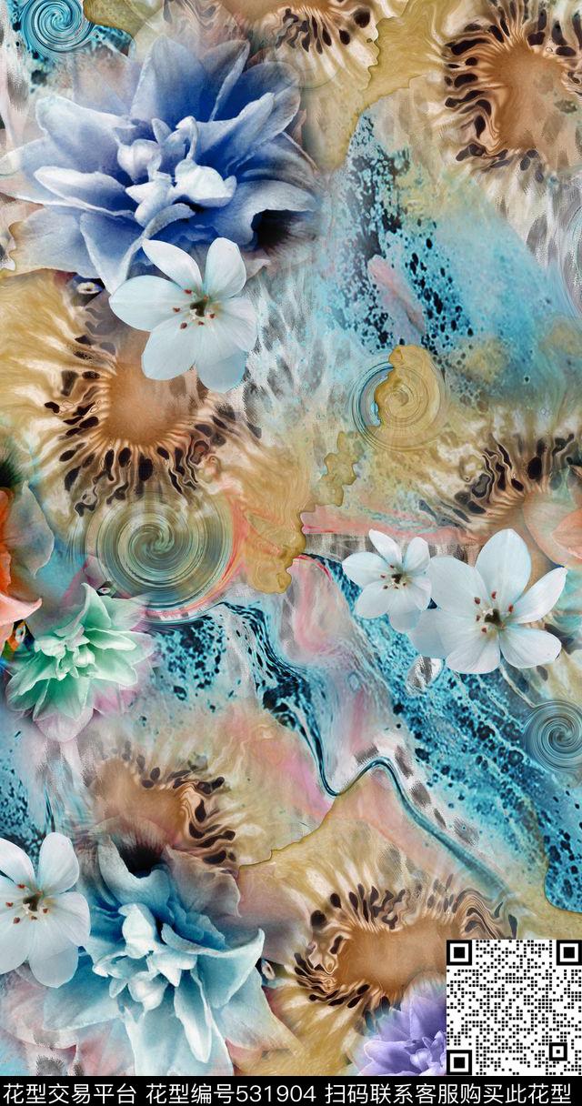 传统花卉水中花漩涡数码印花华亿平台下载（图片编号: 531904） - 瓦栏（Walan）