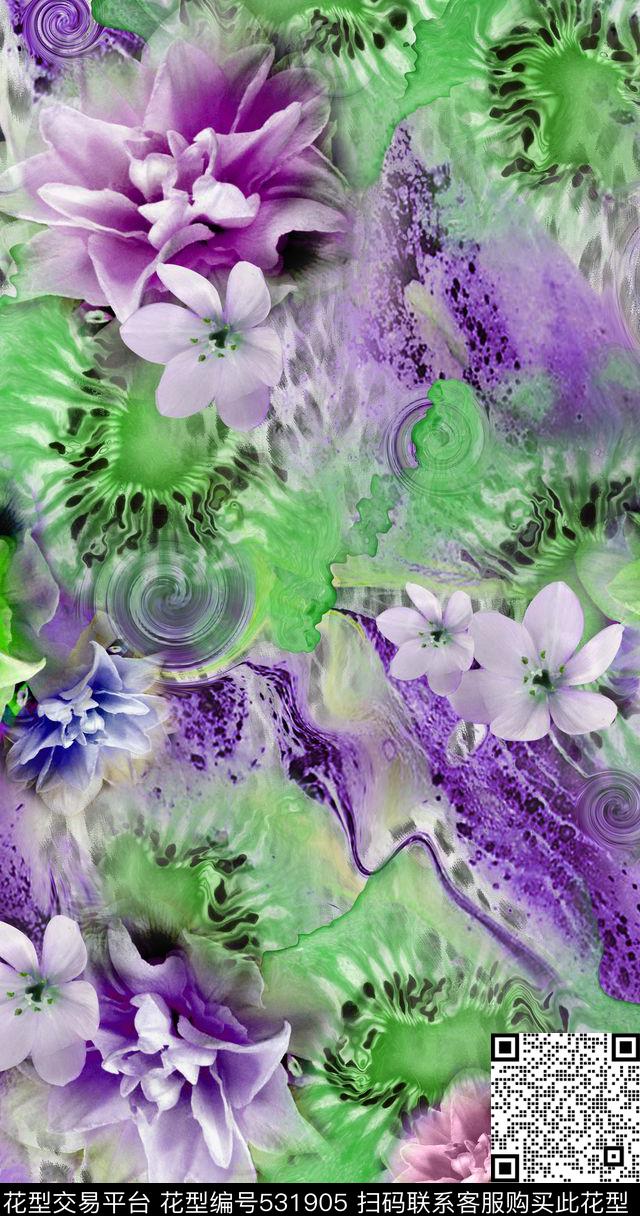 传统花卉水中花漩涡数码印花华亿平台下载（图片编号: 531905） - 瓦栏（Walan）