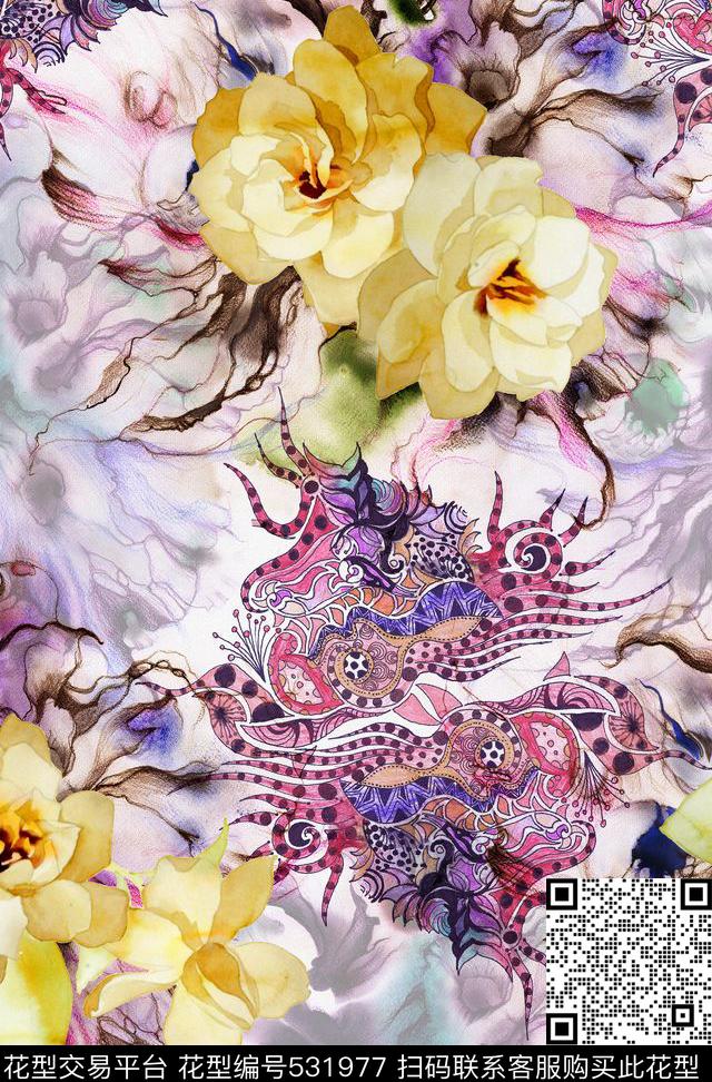 花卉云纹佩里斯数码印花华亿平台下载（图片编号: 531977） - 瓦栏（Walan）