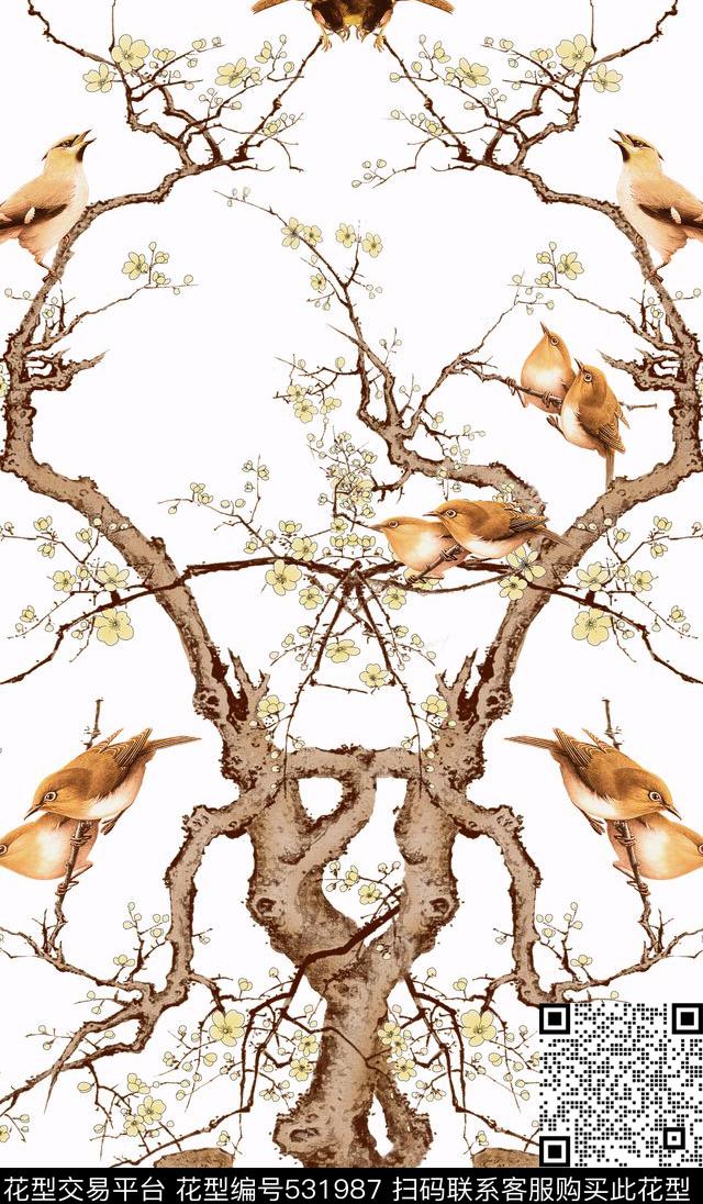 中国风花鸟画窗帘服装丝巾中国风花鸟画窗帘服装花鸟树木独幅数码印花华亿平台下载（图片编号: 531987） - 瓦栏（Walan）