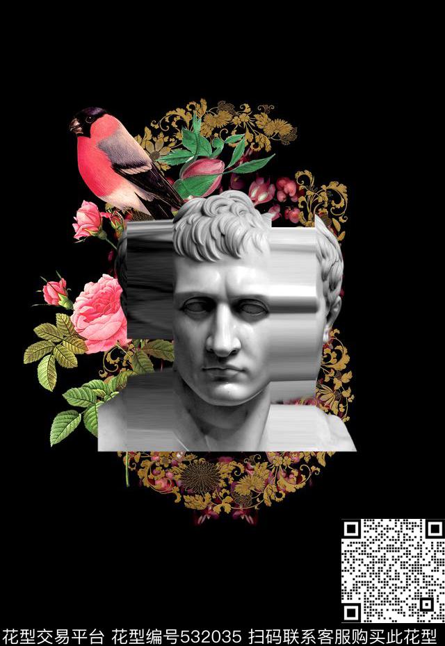 潮流时尚定位男装石膏人物花卉数码印花华亿平台下载（图片编号: 532035） - 瓦栏（Walan）
