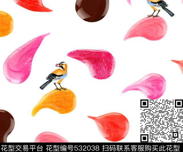 趣味彩色斑点小鸟数码印花华亿平台下载（图片编号: 532038） - 瓦栏（Walan）